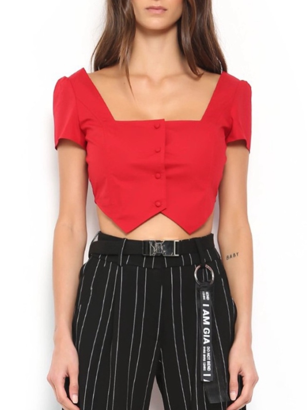 I AM GIA Red Square-Neck Crop Top with Button Front